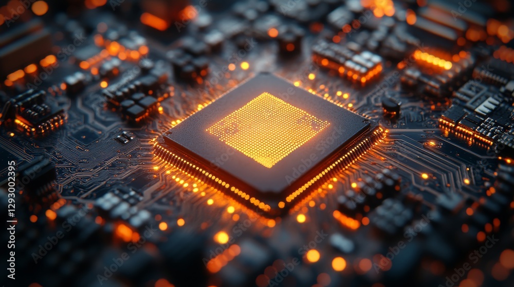 Glowing Central Processing Unit (CPU) on Motherboard - High-Tech Computer Chip Closeup Glowing Central Processing Unit (CPU) on Motherboard - High-Tech Computer Chip Closeup