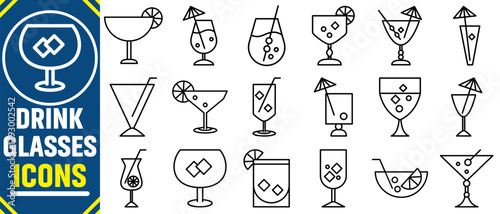 Soft Drinks and Alcohol Icon Pack. Wineglass icon set.Drink icon set. Cocktails icon set. Contains Icons of Beer, Cocktail, Bottle that Can Be Used for Design of Cards, Posts, Apps, Web Sites.