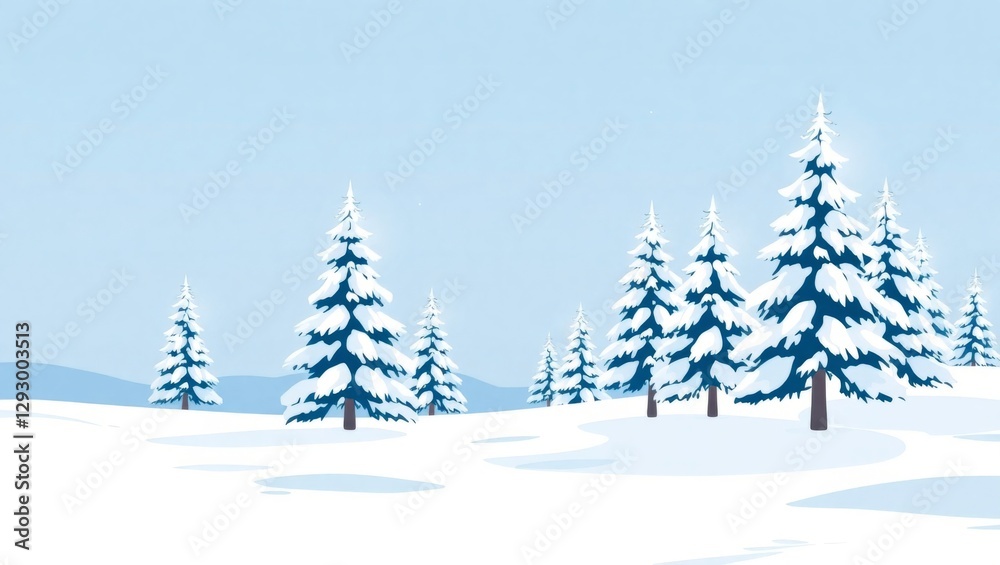 Fototapeta premium Enchanting Winter Wonderland with Snow-Covered Pine Trees, Crisp Icy Textures, and Soft Blue Hues in Flat Design