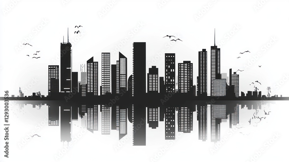 Naklejka premium Cityscape reflection, urban skyline, birds, tranquil water, design