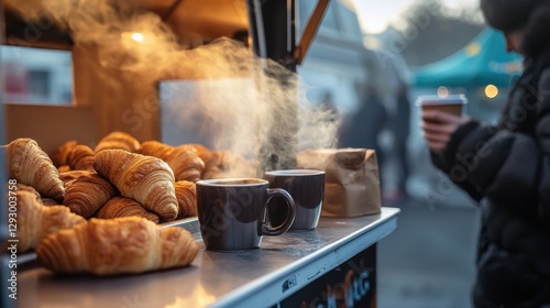 Cozy Morning at a Street Food Stall with Fresh Pastries and Coffee