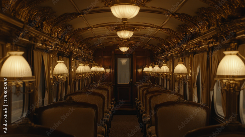 Obraz premium Luxurious antique train carriage interior with ornate details and warm lighting