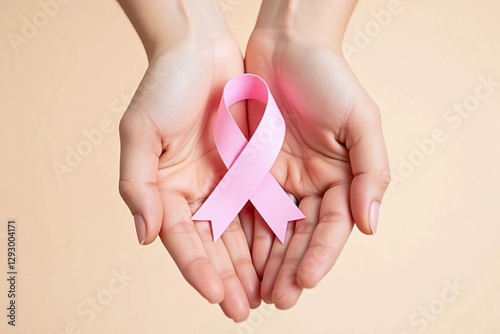 couple of people holding a pink ribbon in their hands