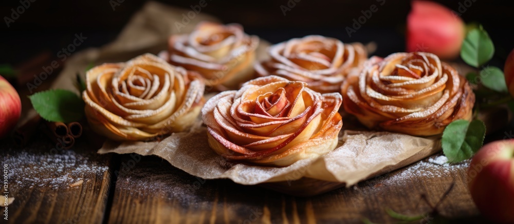 Fototapeta premium Delicate puff pastry roses crafted from apples and cinnamon, arranged on a rustic wooden table with green leaves and soft-focus background.