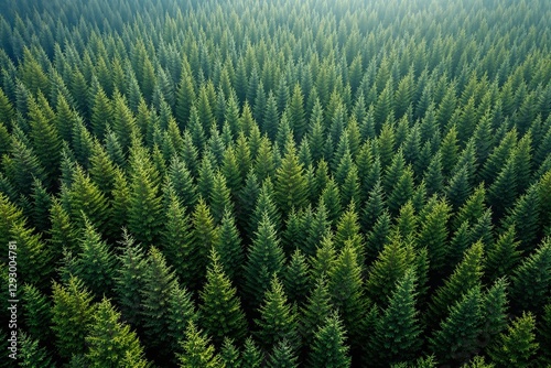 Aerial view of dense forest with evergreen trees.