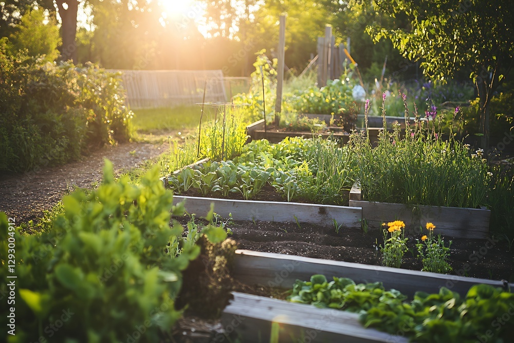 Fototapeta premium Sunset glow on community garden raised beds