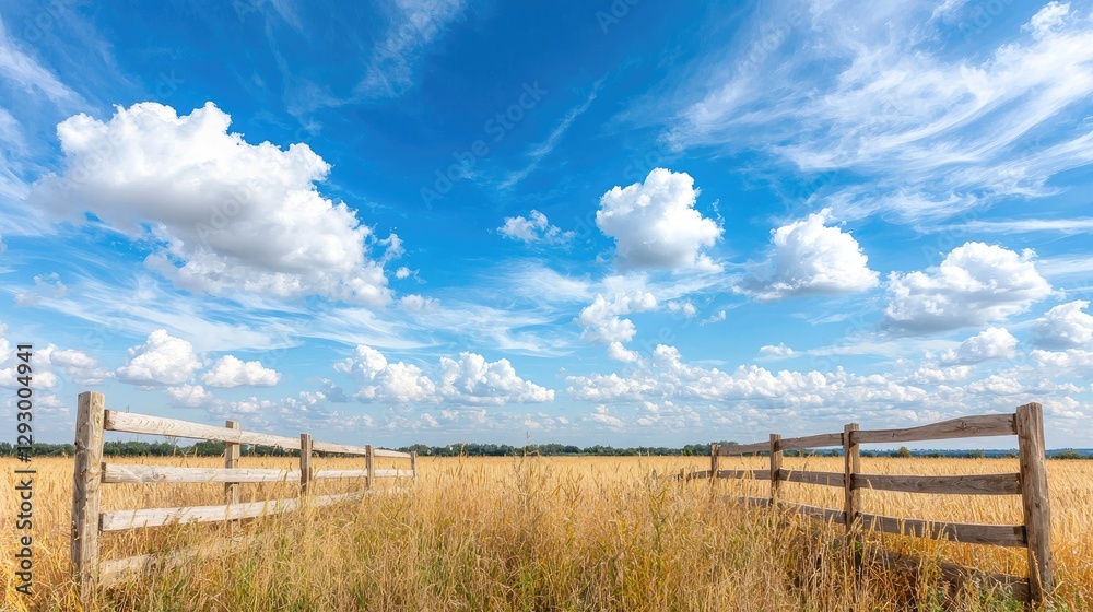 Summer Wheat Field, Fence, Blue Sky, Clouds, Rural Landscape, idyllic nature scene Summer Wheat Field, Fence, Blue Sky, Clouds, Rural Landscape, idyllic nature scene