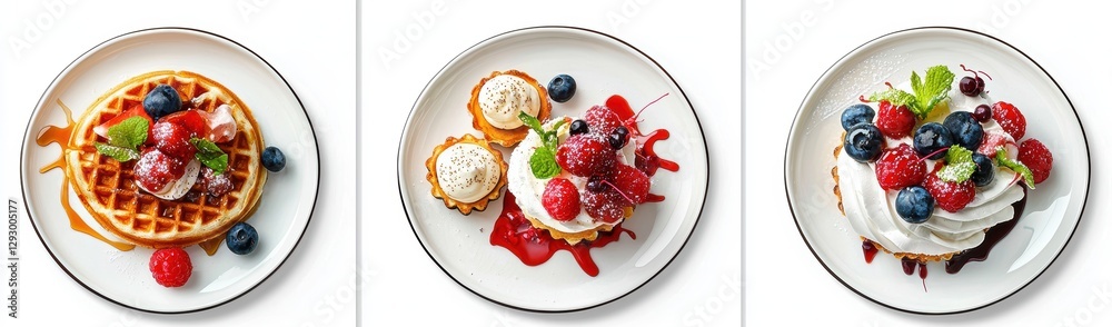 Delicious Assortment of Fresh Berry Desserts Including Waffles, Tartlets, and Creamy Toppings on Elegant Plates Delicious Assortment of Fresh Berry Desserts Including Waffles, Tartlets, and Creamy Toppings on Elegant Plates