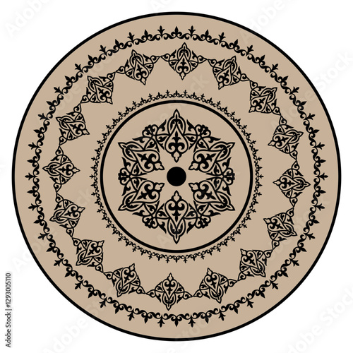 Vector Kyrgyz round ornament. Elements of ornament, motives of Turkic peoples, Kazakhs, Kyrgyz, Mongols. Islamic, Arabic, Indian, Ottoman motives. For plate, embroidery, sandblasting. Round frame.