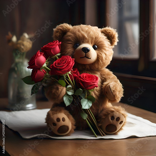 cute teddy bear with a red rose sitting in a romantic setting with warm lights, ideal for valentine’s day gifts, anniversary surprises, and love declarations