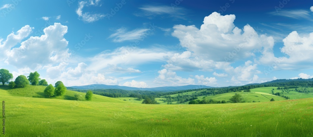Obraz premium Vast green glade in mountainous landscape under vibrant blue sky with fluffy white clouds, lush trees in foreground and rolling hills in background.