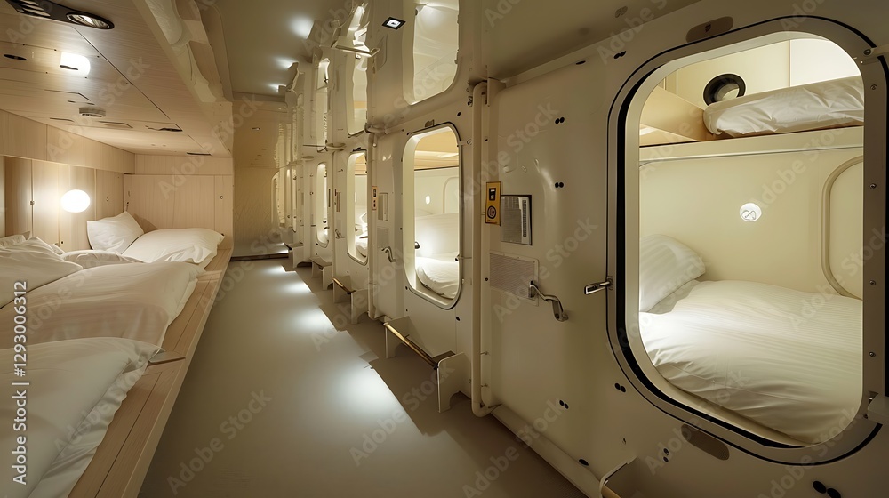 Fototapeta premium Modern Capsule Hotel Interior with Minimalist Design and Cozy Sleeping Pods