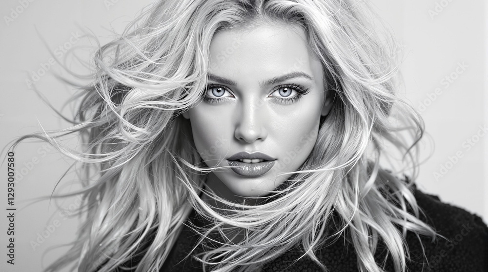 Fototapeta premium Portrait of a young woman with a striking expression and flowing hair in black and white