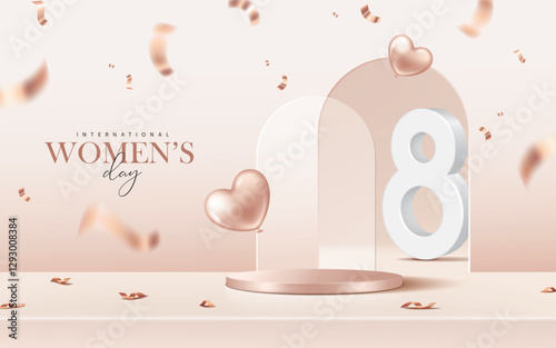 A rose gold platform with balloons and confetti for Women's day advertising.