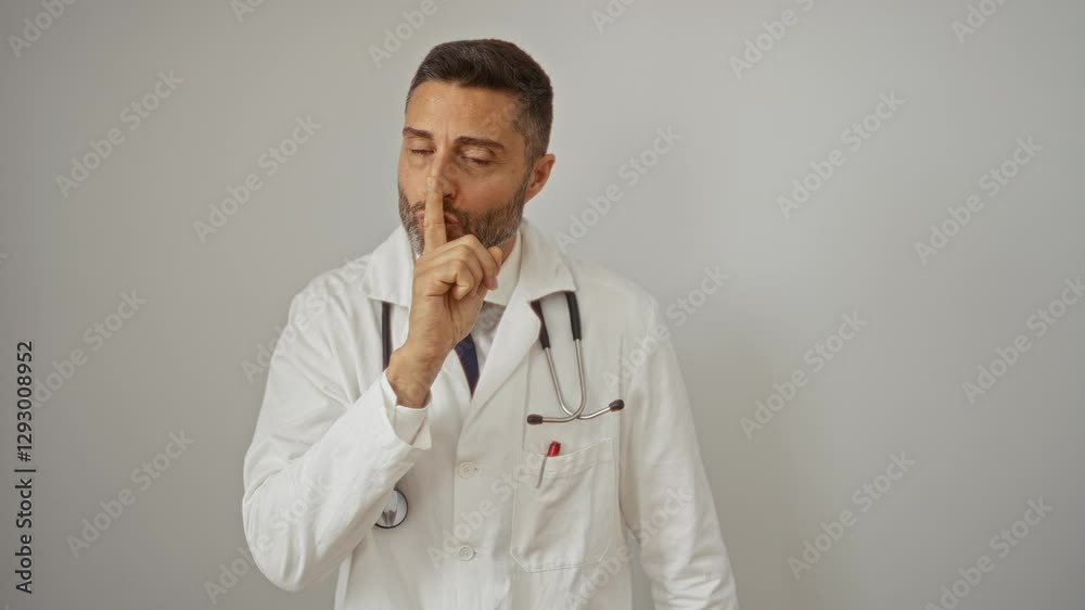 Male doctor making a shushing gesture with finger on lips wearing white coat with stethoscope against blank white wall background Male doctor making a shushing gesture with finger on lips wearing white coat with stethoscope against blank white wall background
