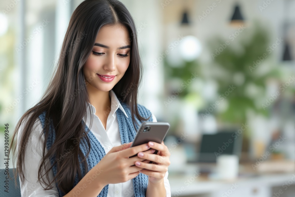 Woman using smartphone in modern office environment. Woman using smartphone in modern office environment.