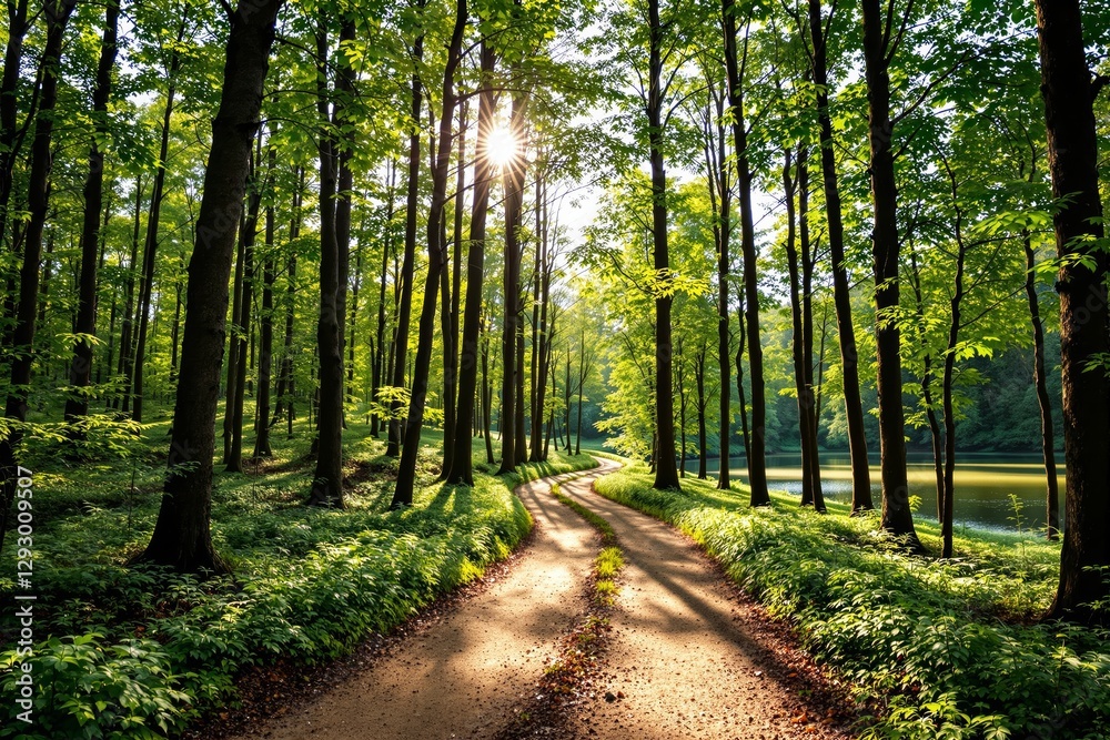 Fototapeta premium Forest path with sunlight through trees by a lake.