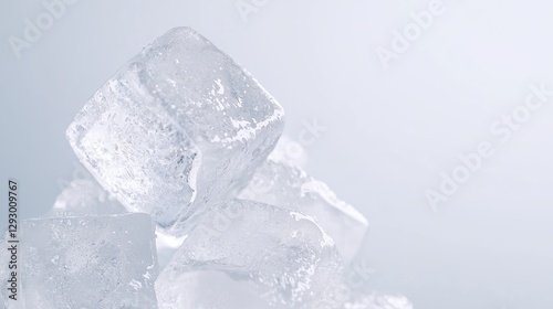 Close-up ice cubes stack on light background. Potential use for beverage advertisement or kitchen design photo