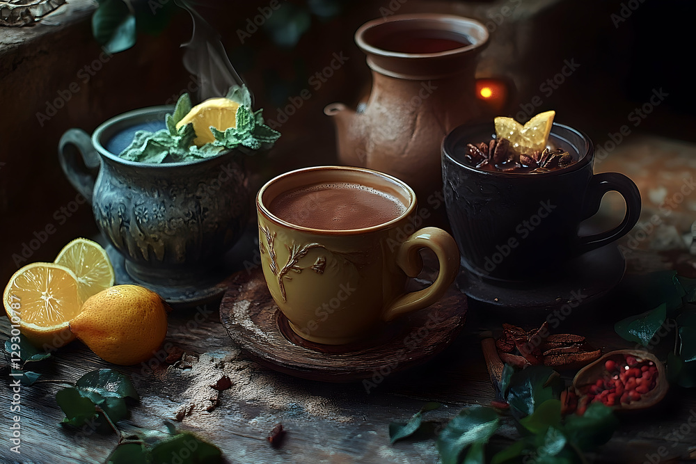 Fototapeta premium Rustic assortment of aromatic hot beverages on a weathered table