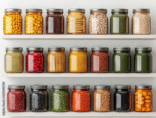 Preserving nature's bounty colorful jars of dried goods on a kitchen shelf contemporary home environment overhead view photo