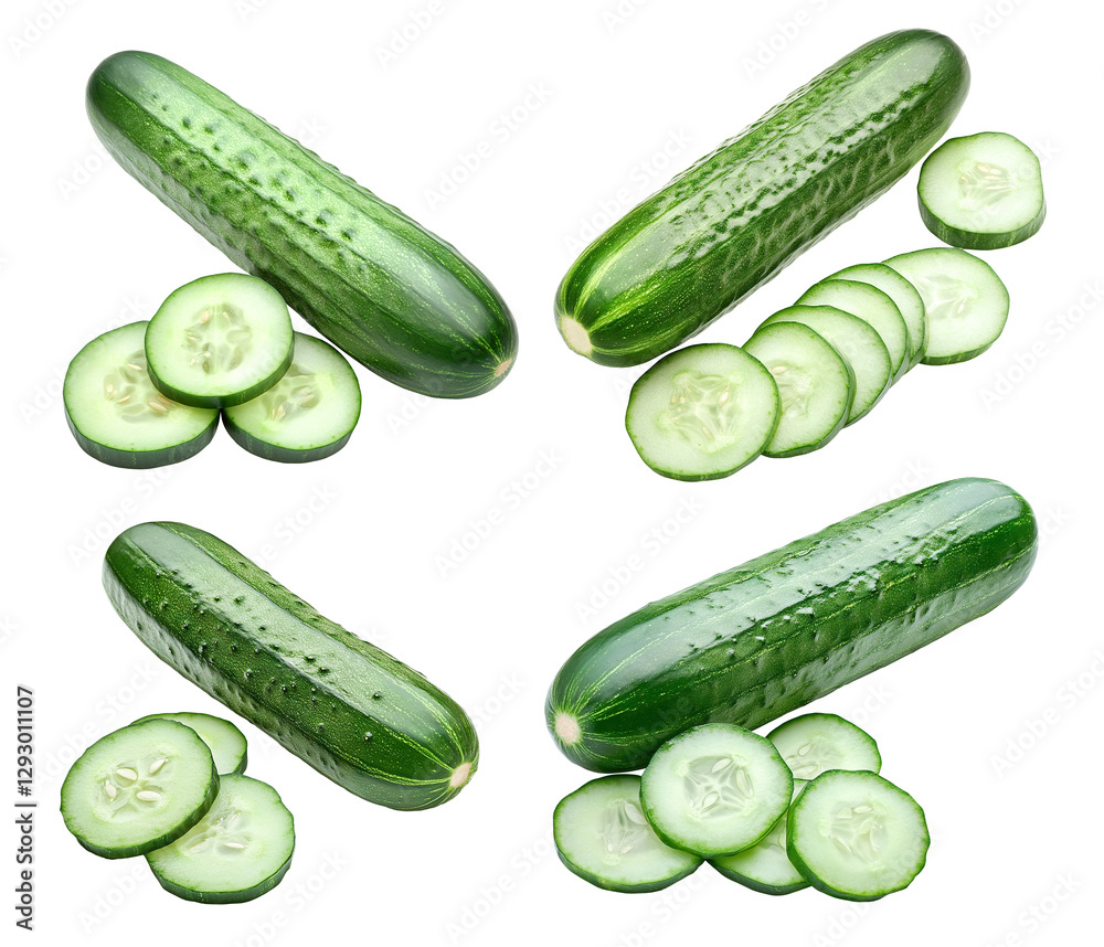 Set of fresh cucumbers with sliced pieces, isolated on transparent cutout background Set of fresh cucumbers with sliced pieces, isolated on transparent cutout background