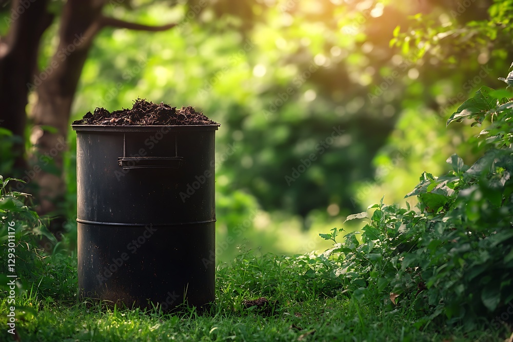 Compost bin filled with soil in garden Compost bin filled with soil in garden