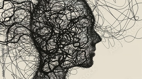 Tangled scribble doodle vector illustration of an empty head with messy lines inside, representing abstract thoughts, confusion, and complex mind concepts