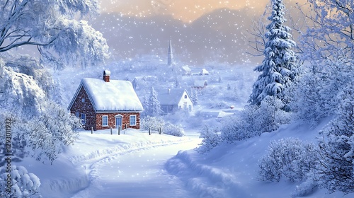 Wallpaper Mural Snowy winter village scene, snowfall, snow-covered cottages, peaceful background Torontodigital.ca