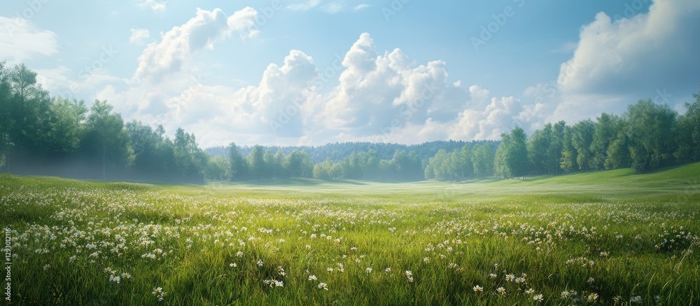 Fototapeta premium Vibrant sunny meadow landscape with lush green grass, wildflowers, soft white clouds, and distant trees under a blue sky, showcasing nature's beauty.
