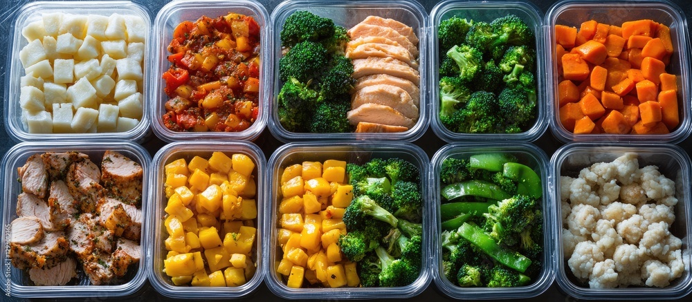Colorful meal prep containers arranged neatly in two rows, featuring diced potatoes, carrots, broccoli, chicken, and cauliflower for healthy eating. Colorful meal prep containers arranged neatly in two rows, featuring diced potatoes, carrots, broccoli, chicken, and cauliflower for healthy eating.