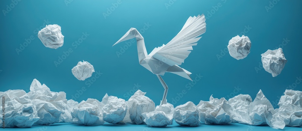 Crumpled white paper balls scattered on teal background with a paper crane perched centrally symbolizing creativity and transformation in teamwork. Crumpled white paper balls scattered on teal background with a paper crane perched centrally symbolizing creativity and transformation in teamwork.