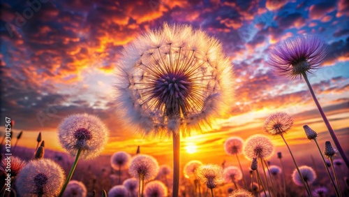 Double Exposure Sunset: Fluffy Lilac Dandelion & Allium Bloom