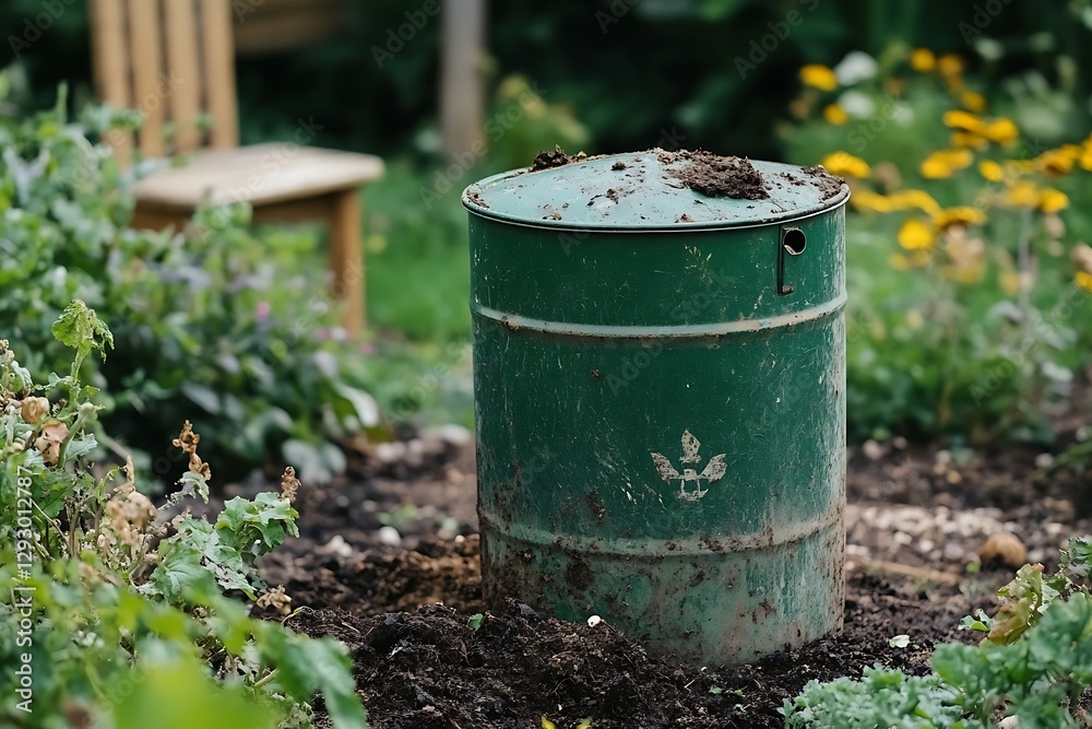 Rusty green compost bin in garden with wooden chair and flowers Rusty green compost bin in garden with wooden chair and flowers