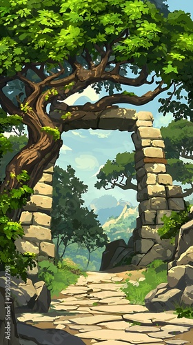 Stone Arch Ruins Pathway Through Lush Green Landscape
