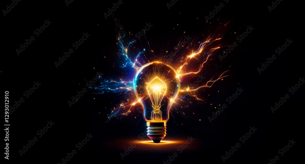 Glowing light bulb radiates vibrant orange and blue energy against a dark backdrop, symbolizing bright ideas and innovation. Powerful sparks emanate from the bulb. Glowing light bulb radiates vibrant orange and blue energy against a dark backdrop, symbolizing bright ideas and innovation. Powerful sparks emanate from the bulb.