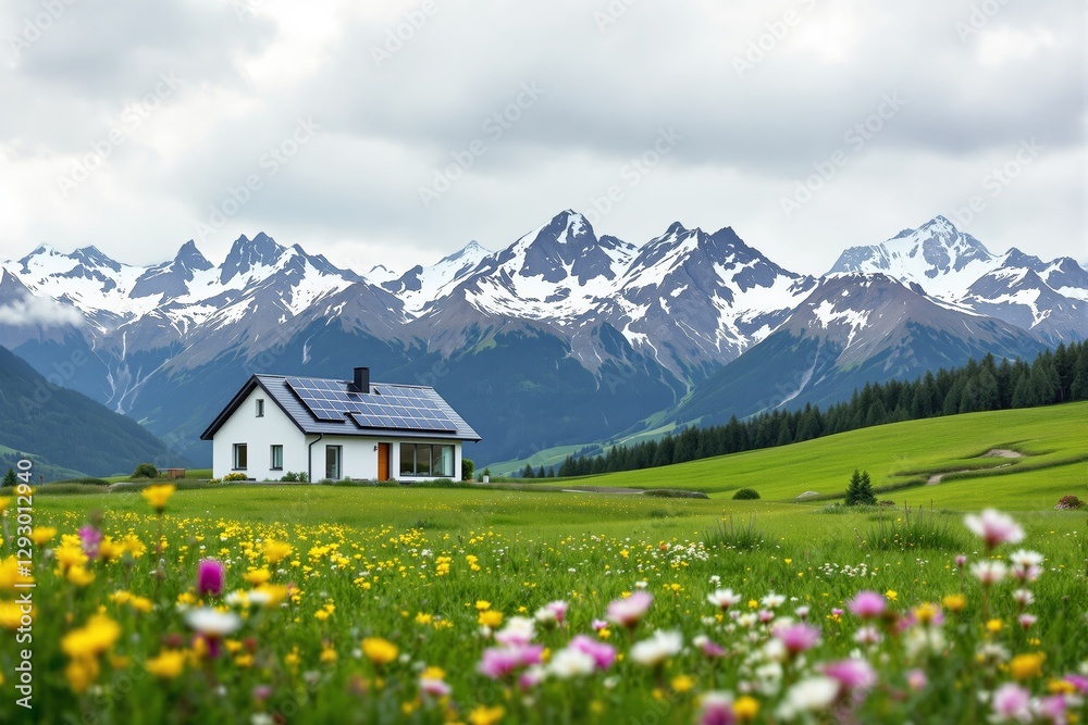 Obraz premium White house with solar panels in a meadow with mountains in the background.