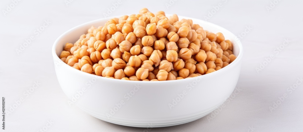 Chickpeas in a white bowl, golden yellow tones on a light grey background, ample negative space for text overlay, top view of legumes. Chickpeas in a white bowl, golden yellow tones on a light grey background, ample negative space for text overlay, top view of legumes.