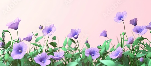 Purple wild violets in full bloom with green leaves on a soft pink gradient background showcasing a vibrant flat lay floral pattern.