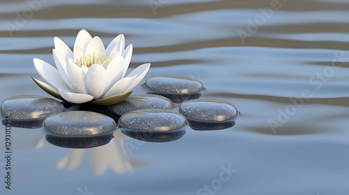 White Water Lily and Smooth Grey Stones on Calm Blue Water