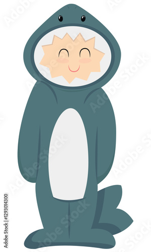 kid in blue shark pajamas kigurumi, cute baby vector illustration in flat style, character
