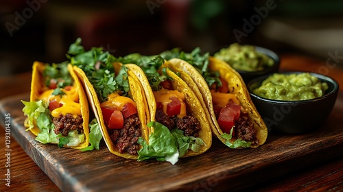 Delicious tacos served on wooden platter mexican restaurant food photography indoor close-up