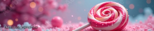Foto Close-up of a swirl lollipop in a dreamy candy land setting, swirl, dessert