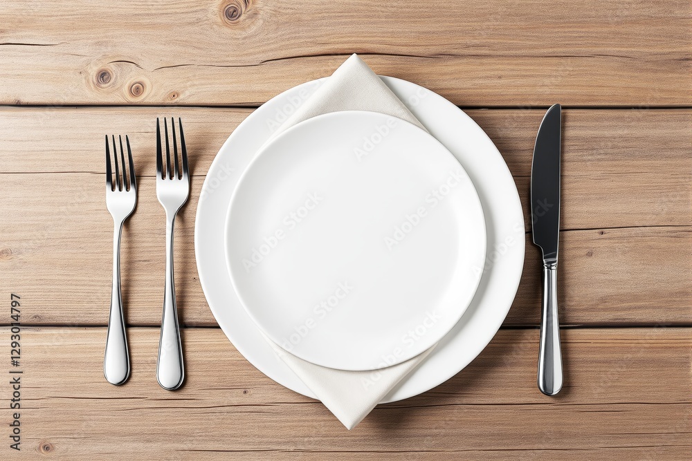 Empty plate with napkin and cutlery on wooden table, top view. Empty plate with napkin and cutlery on wooden table, top view.