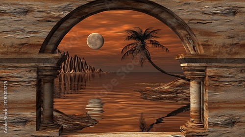 Stone Archway Framing a Sunset Seascape with Palm Tree