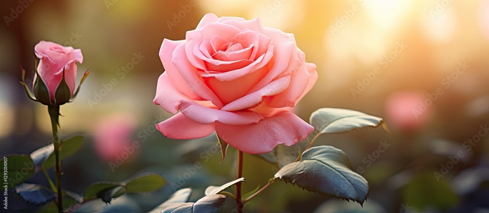 Obraz premium Delicate pink rose in full bloom on the right with green leaves, bright background sunlight creating a serene garden atmosphere and copy space.