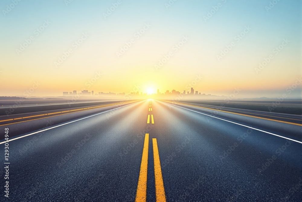 Obraz premium Open highway leading to a city skyline at sunrise with warm golden light.