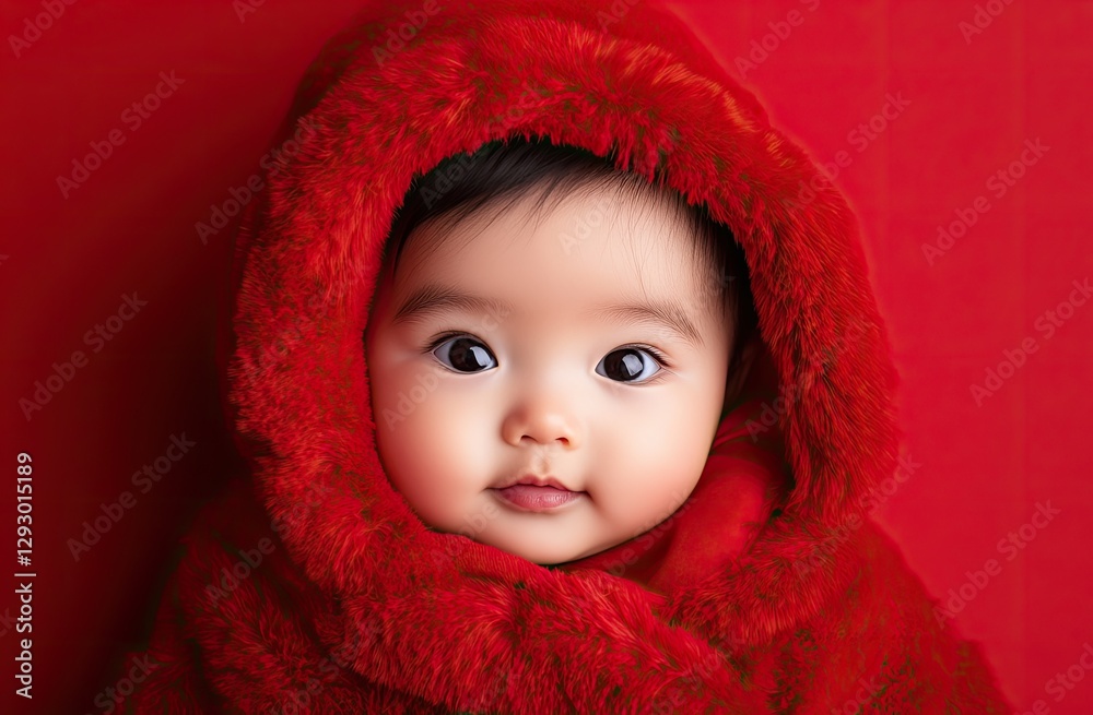 A cute baby in a red fur coat with big eyes, wrapped up for the winter, Chinese New Year theme A cute baby in a red fur coat with big eyes, wrapped up for the winter, Chinese New Year theme