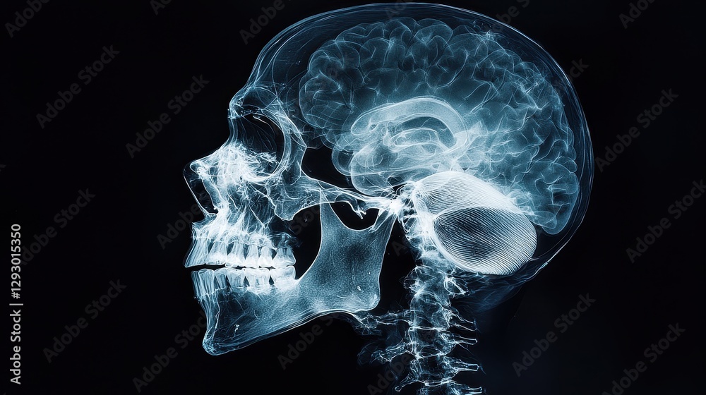 X-ray imaging of human skull and brain structure medical science laboratory digital content dark background side view anatomy study X-ray imaging of human skull and brain structure medical science laboratory digital content dark background side view anatomy study