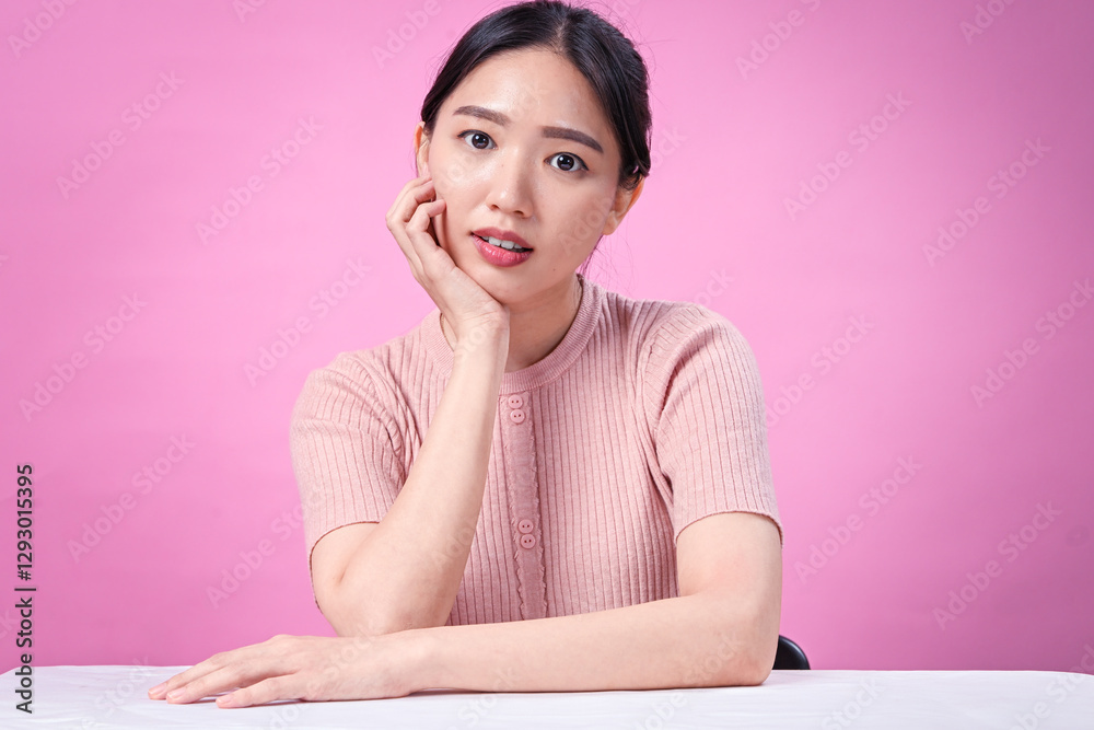 A young Asian woman with dark hair in a neat bun, wearing a ribbed pink short-sleeve top, smiles brightly while resting her hand on her chin against a solid pink background in a cheerful pose A young Asian woman with dark hair in a neat bun, wearing a ribbed pink short-sleeve top, smiles brightly while resting her hand on her chin against a solid pink background in a cheerful pose