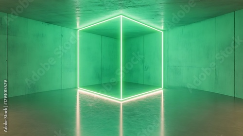 Green room illuminated by a neon light cube